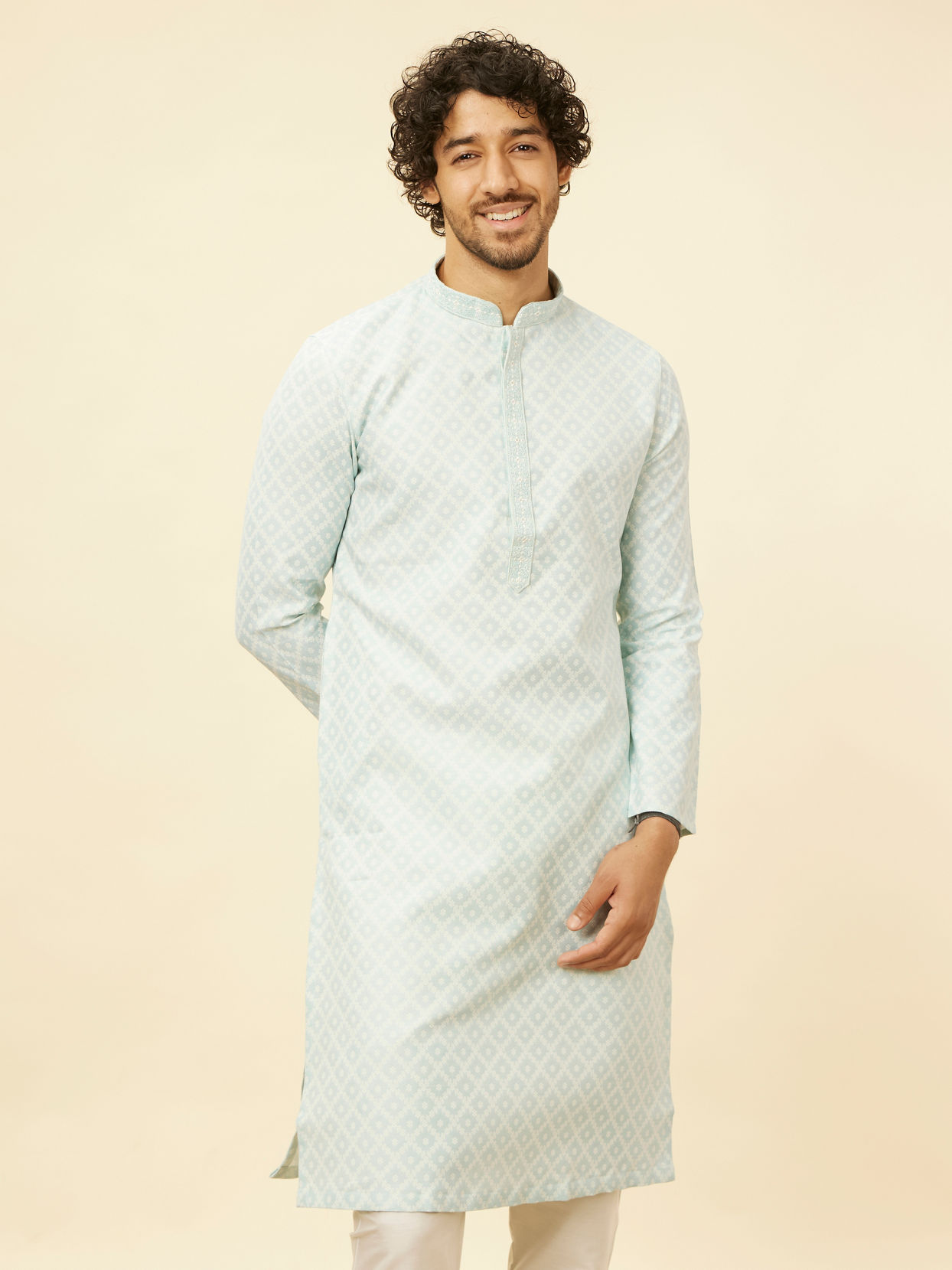 alt message - Manyavar Men Aquamarine Blue Grid Patterned Kurta Set image number 0